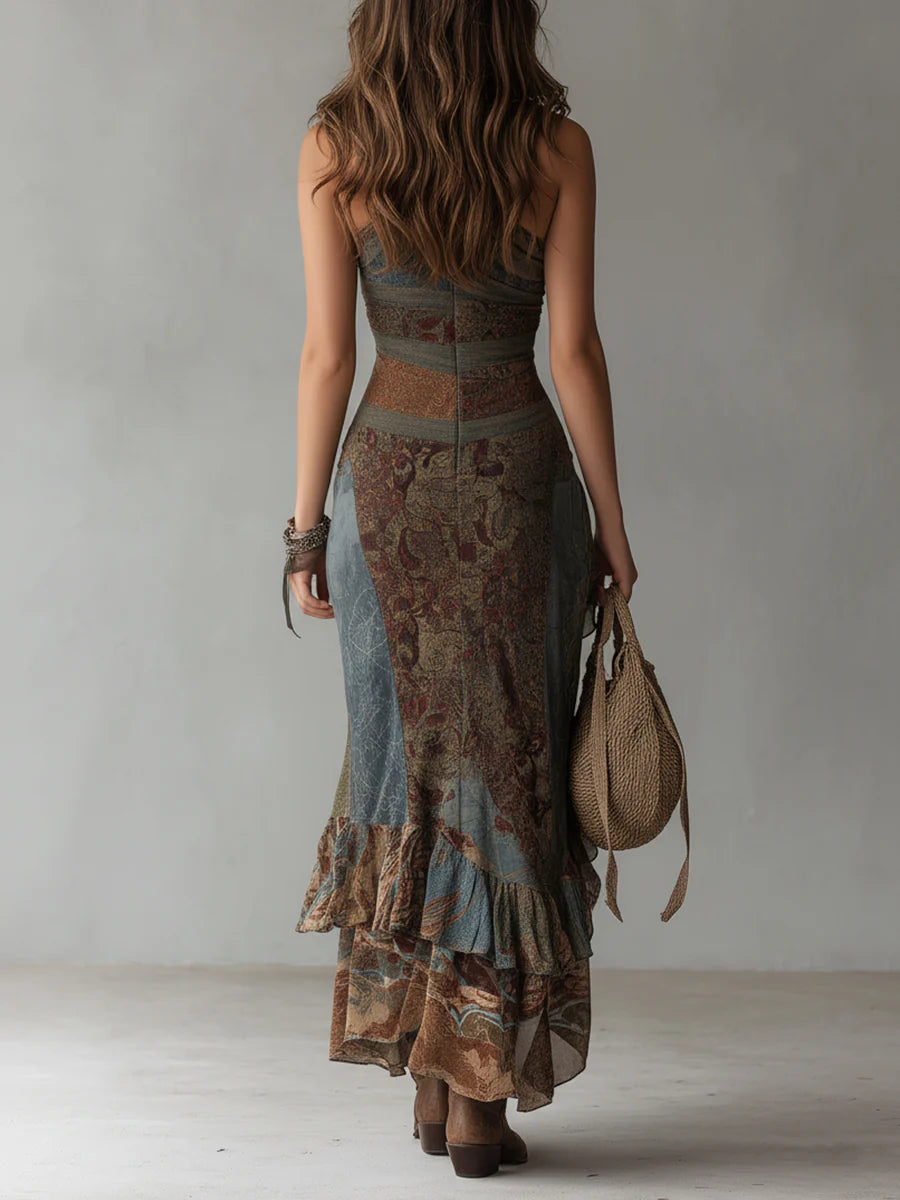Elena ∙ Vestido largo de un solo hombro impreso en un estilo étnico con abertura alta