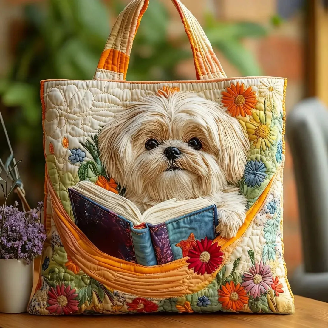 Dąbrowska Moda | RĘCZNIE WYKONANA TORBA SHIH TZU Z KSIĄŻKAMI I KWIATAMI