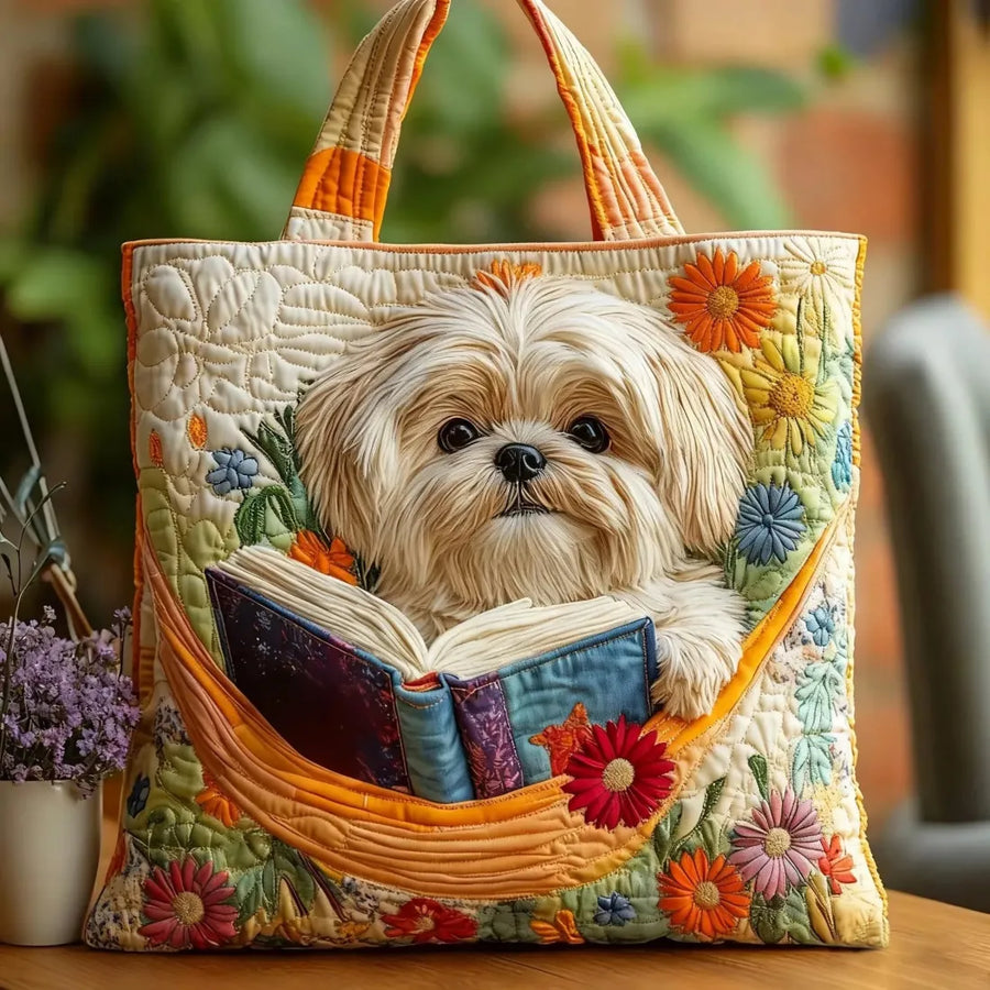 Dąbrowska Moda | RĘCZNIE WYKONANA TORBA SHIH TZU Z KSIĄŻKAMI I KWIATAMI