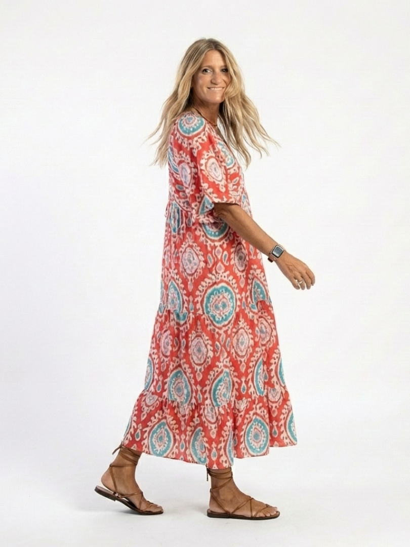 Marcelina™ – Sukienka midi z wzorem paisley, dekoltem V i krótkim rękawem