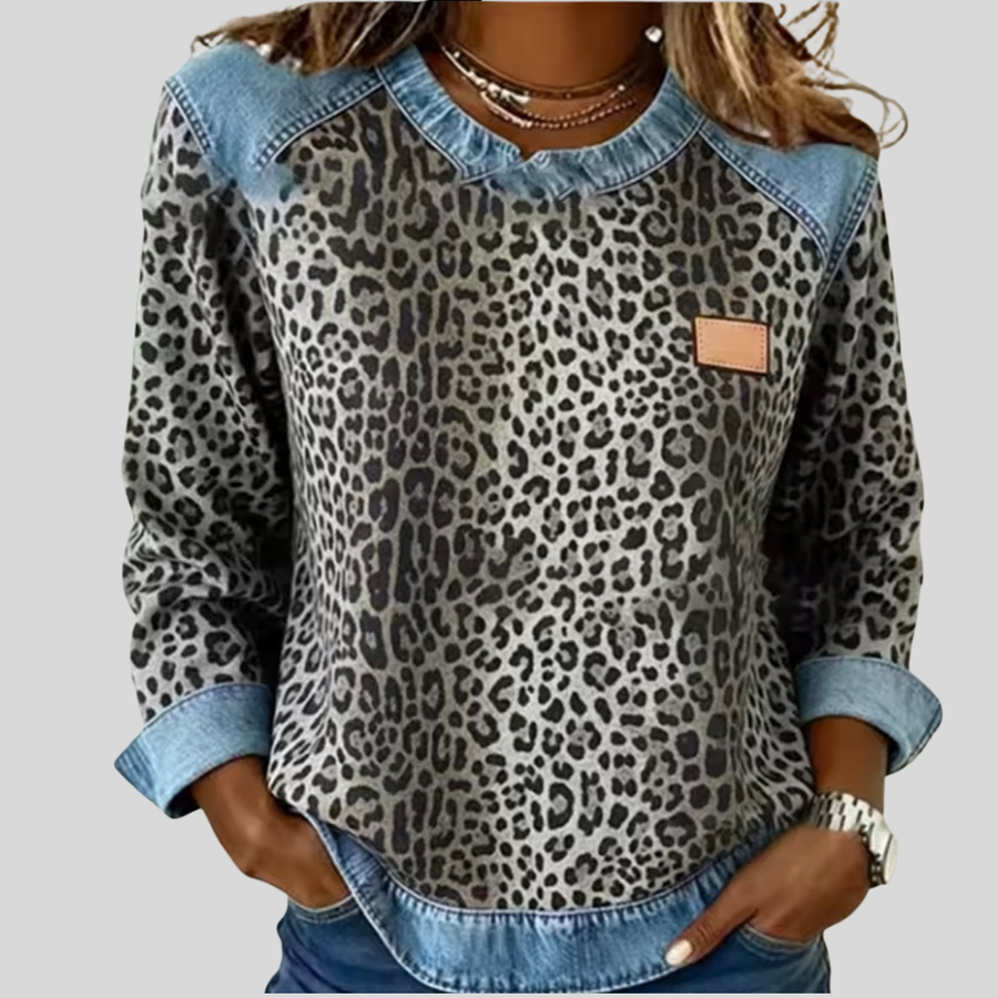 Hania™ | Sweter w Cętki z Dżinsowym Kołnierzem
