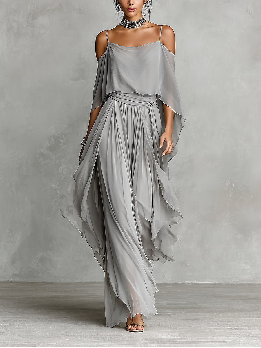 Conjunto de Chifón Transpirable Gris Mujer con Detalle de Hombros Descubiertos y Silueta Acampanada, Estilo Contemporáneo Lujo-Femenino