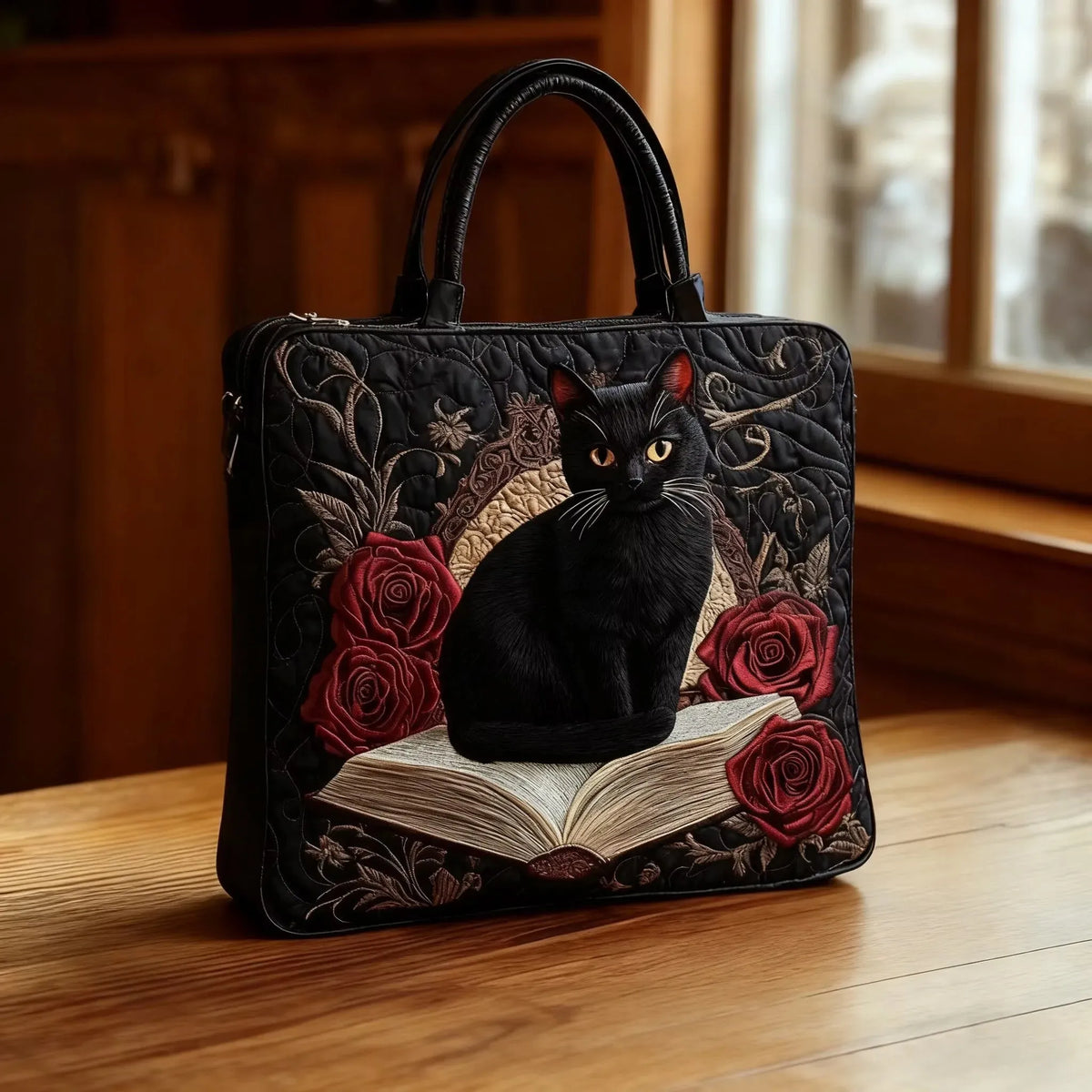 Dąbrowska Moda | RĘCZNIE WYKONANA TORBA POŚCIELOWA CZARNY KOT NA KSIĄŻKACH