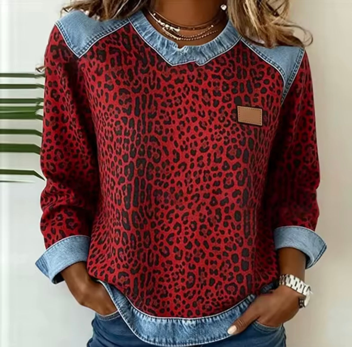 Hania™ | Sweter w Cętki z Dżinsowym Kołnierzem